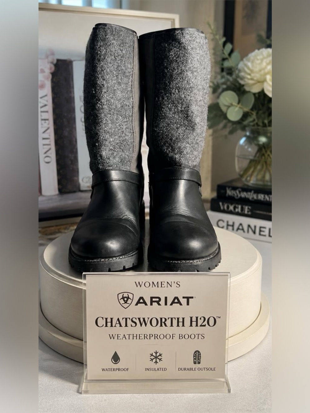 Ariat Women's Black Leather and Gray Wool-Effect Tall Weatherproof Boots